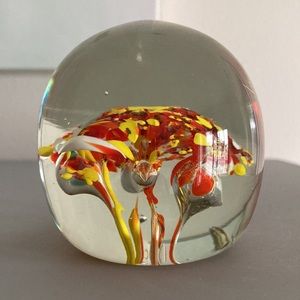 Large Vintage Glass Paperweight Hand Blown Floral Heavyweight 3 inch ball orange